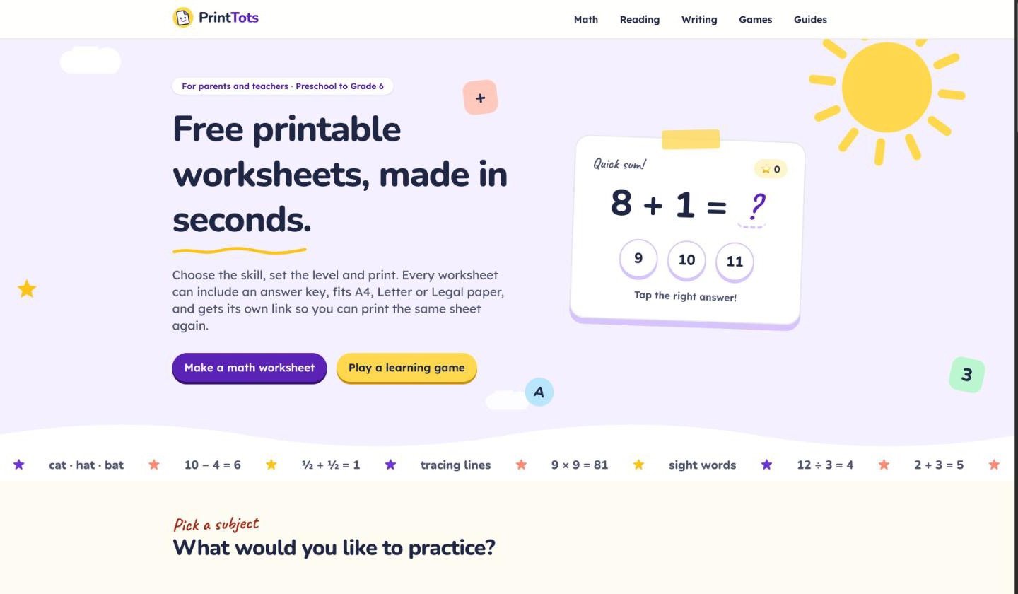 PrintTots — Free printable worksheets, made in seconds